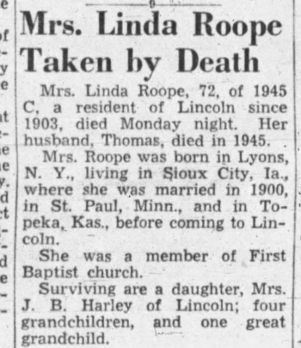 Mrs. Linda Roope taken by death